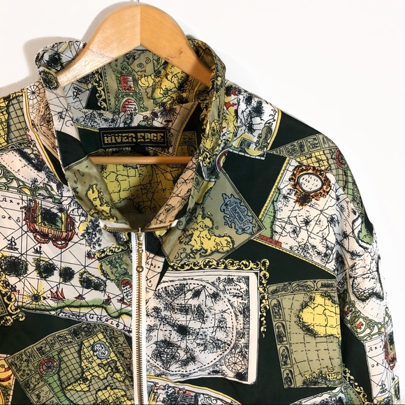 Vintage 100% Silk 80s Geography Map Windbreaker - Picture 2 of 6